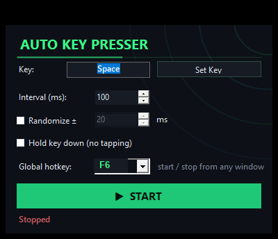 Auto key presser app window: Key Space, interval 100 ms, hold key down option, global hotkey F6, green START button, Stopped state